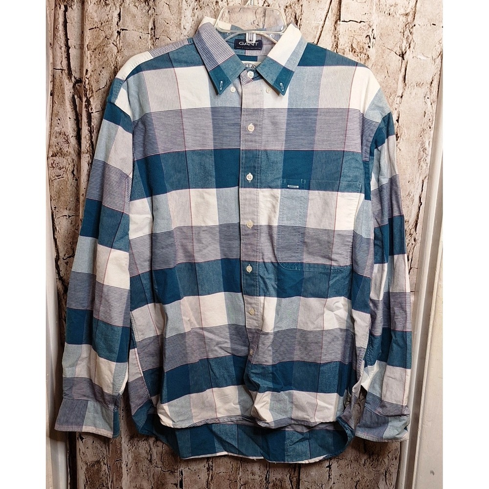 Gant Salty Dog Men's Large Green Checkered 100% Cotn Button up Long sleeve Shirt